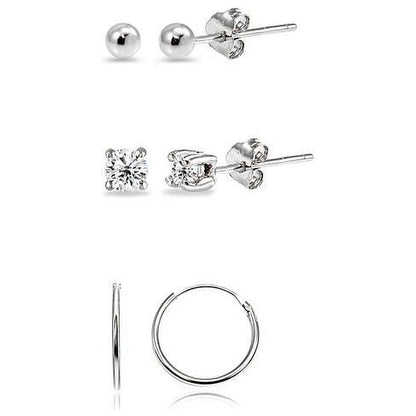 3 Pairs Sterling Silver Lightweight Unisex 10Mm Mini Small Continuous Endless Hoops, Tiny round 2Mm CZ & Ball Bead Stud Earrings Set