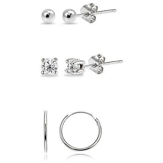 3 Pairs Sterling Silver Lightweight Unisex 10Mm Mini Small Continuous Endless Hoops, Tiny round 2Mm CZ & Ball Bead Stud Earrings Set