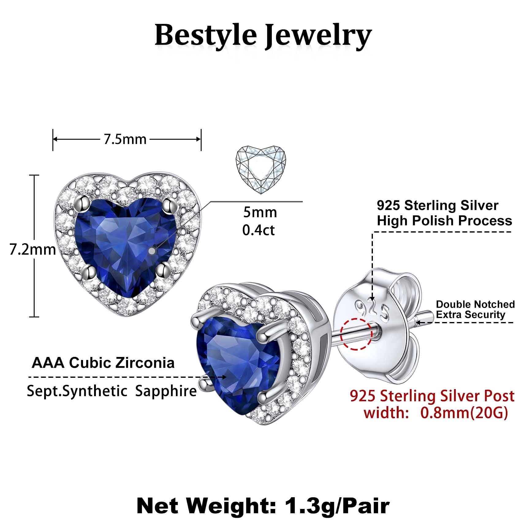 Birthstone Stud Earrings for Women, 925 Sterling Silver Heart Created Diamond Studs Earrings Christmas/Birthday Gifts - September