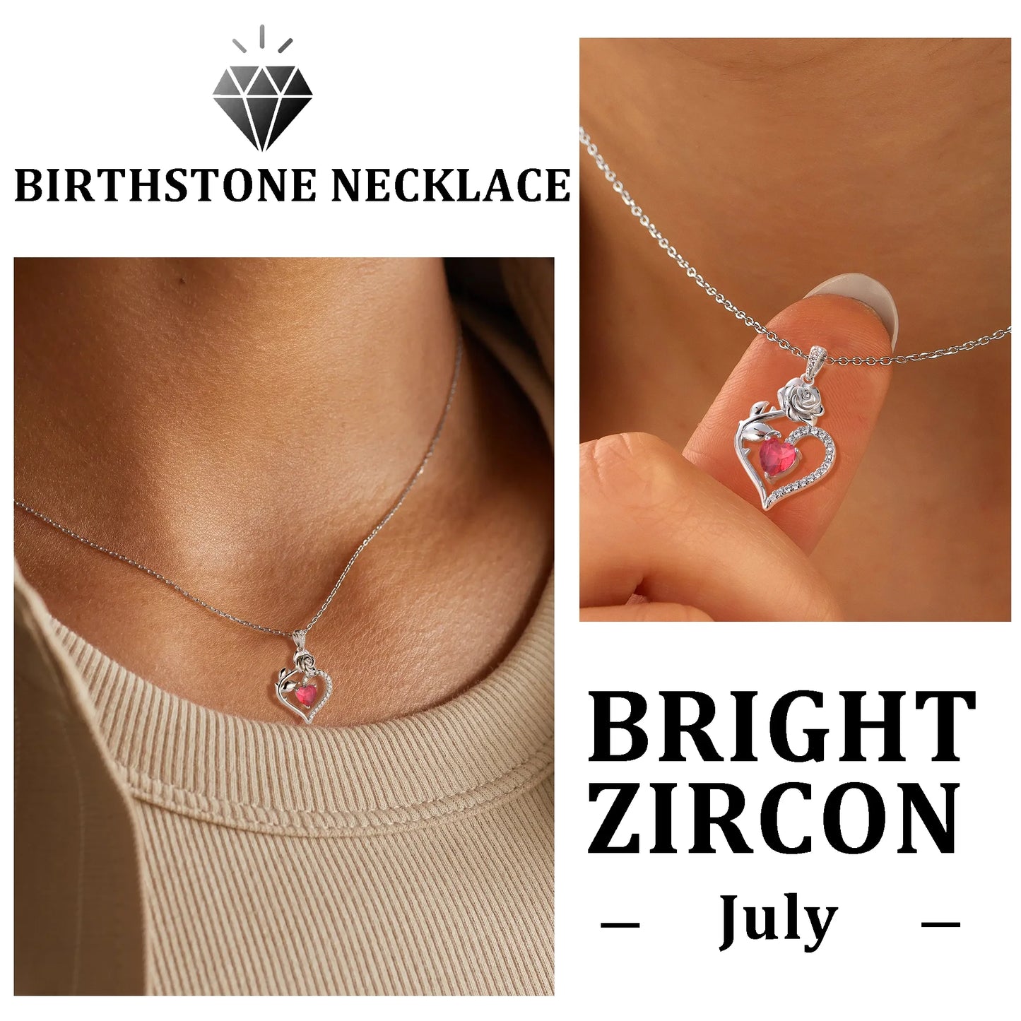 925 Sterling Silver Birthstone Necklace Rose Flower Heart Pendant Jewelry Christmas Valentines Mother'S Day Gifts for Women Mom Wife/Lover