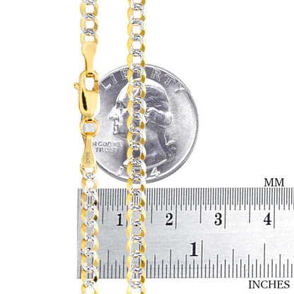 10K Real Yellow Gold Solid Cuban Curb Link 4Mm Diamond Cut Pave Chain Bracelet (7"-9") Two Tone Italian Jewelry for Men & Women