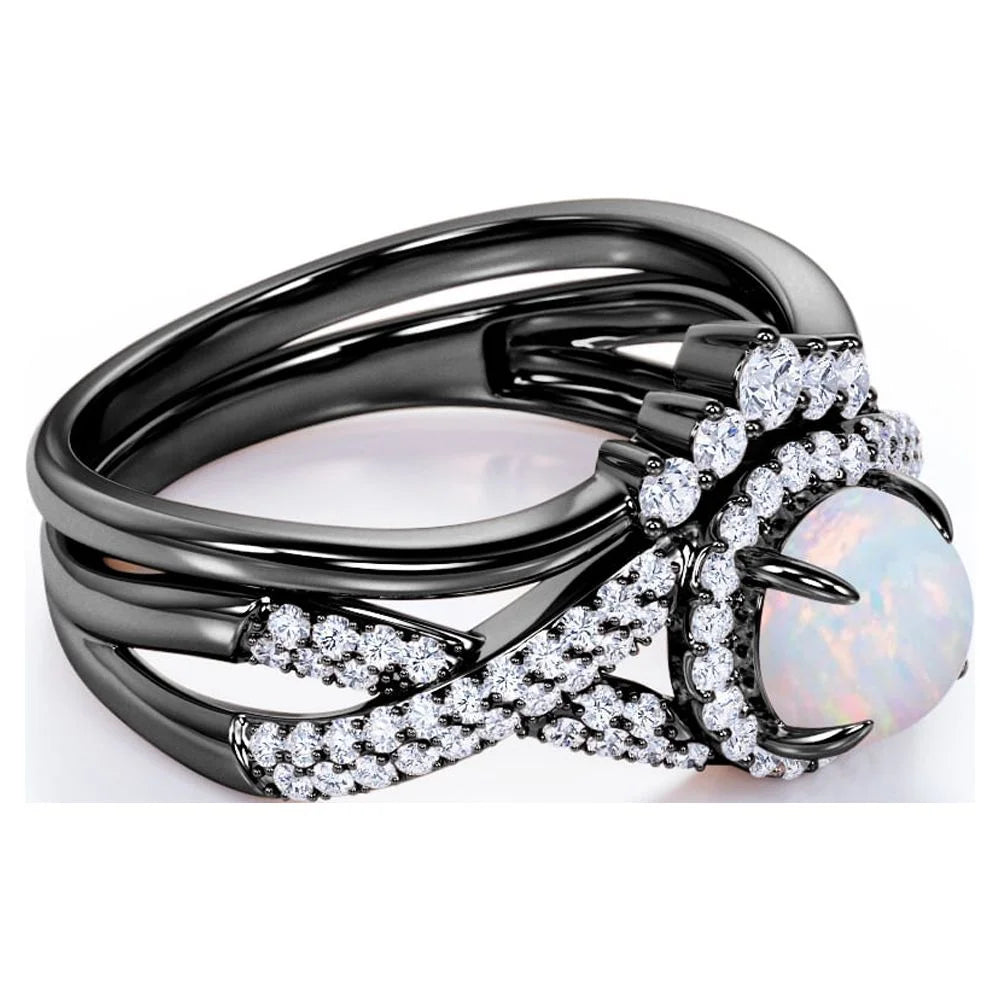 1.15 Carat Vintage round Cut Blue Lab Created Opal and Moissanite Wedding Ring Set in 18K Black Gold over Silver