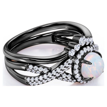 1.15 Carat Vintage round Cut Blue Lab Created Opal and Moissanite Wedding Ring Set in 18K Black Gold over Silver