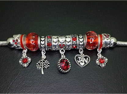Birthstone Bracelet Dark Red, Garnet Birthstone Bracelet, Silvertone