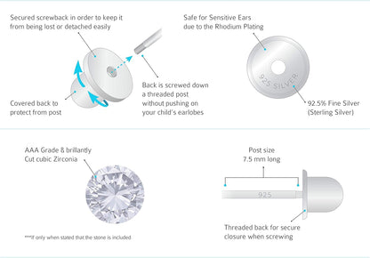 925 Sterling Silver Rhodium Plated 4Mm Cubic Zirconia Stud Screwback Baby Girls Earrings