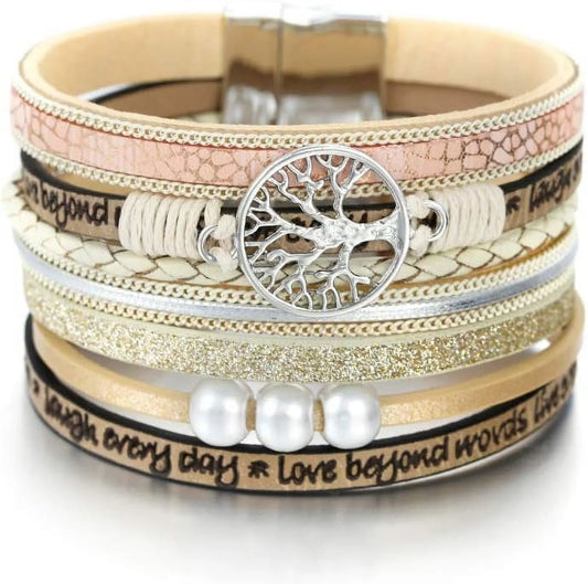 Tree of Life Leather Bracelets for Women.Colorful Multi-Layer Wrapped Wristband Bracelets for Women,Birthday Easter Basket Stuffers Jewelry Gifts for Teens Girls (Beige)