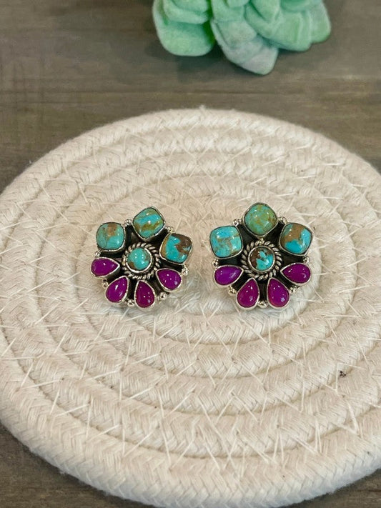 Handmade Sterling Silver, Pink Onyx and Turquoise