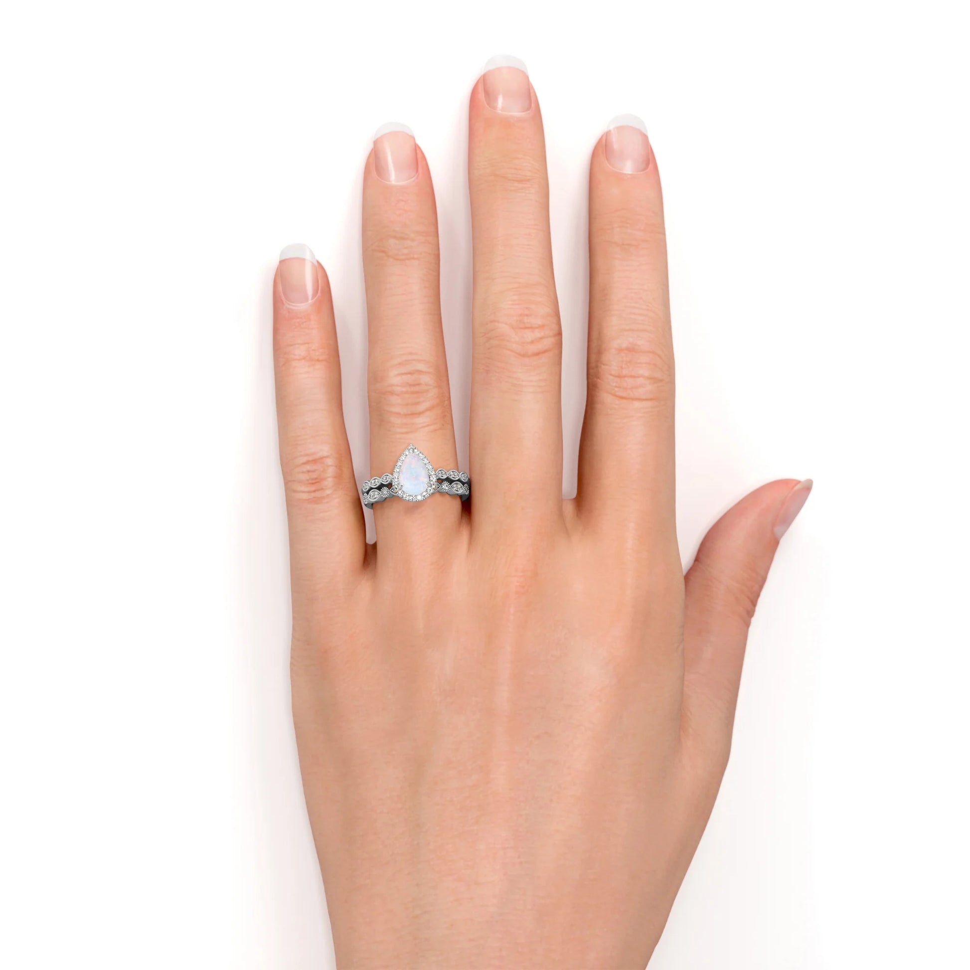 Vintage 1.5 Carat Pear Cut Opal and Moissanite Wedding Ring Set in 18K White Gold over Silver