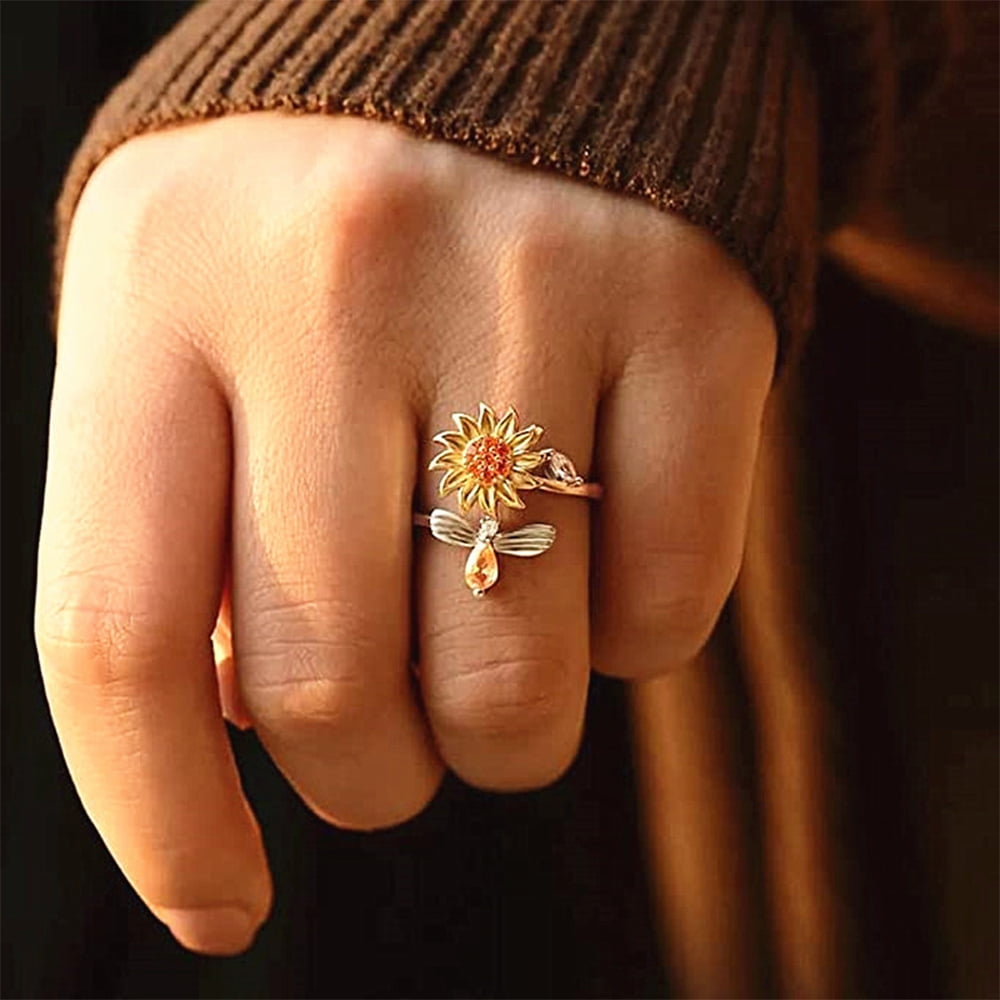 Daisy Flower Fidget Rings for Women Adjustable Open Finger Bands CZ Sunflower You Are My Sunshine Rings Spinner