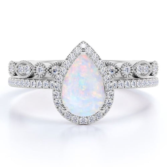 1.5 Ct Vintage Teardrop Blue Opal and Moissanite Wedding Ring Set in 18K White Gold over Silver