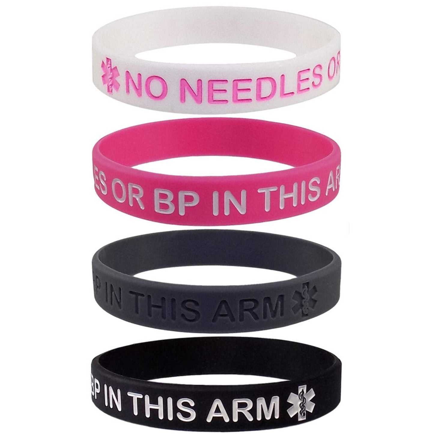 4 PACK - Lymphedema Alert "NO NEEDLES or BP THIS ARM" Wristbands