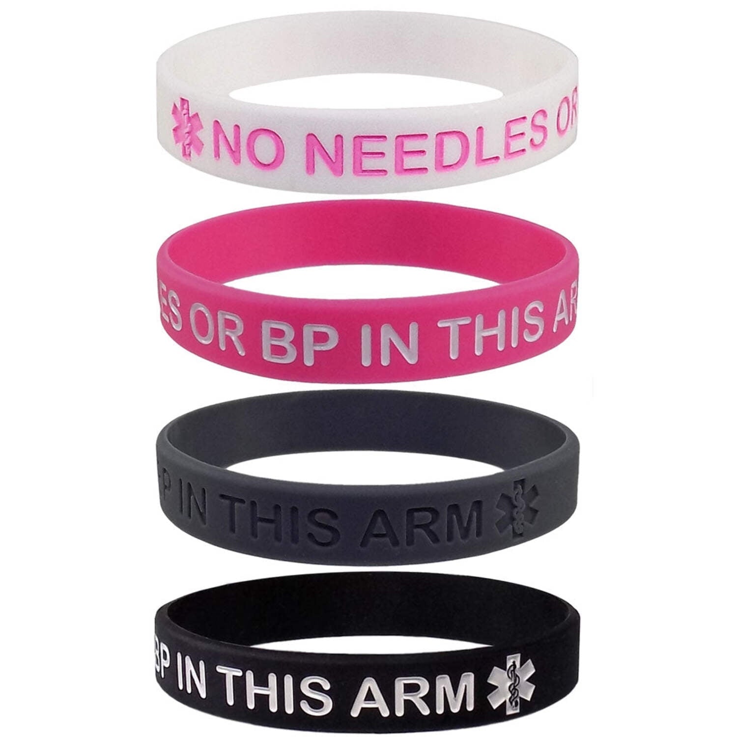 4 PACK - Lymphedema Alert "NO NEEDLES or BP THIS ARM" Wristbands