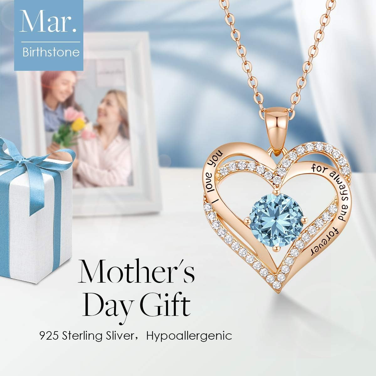 Forever Love Heart Necklaces for Women, Wedding Anniversary, Birthday Mothers Day Gifts for Mom, Mother, Wife, Girlfriend, S925 Silver Jewelry with Birthstone Pendant