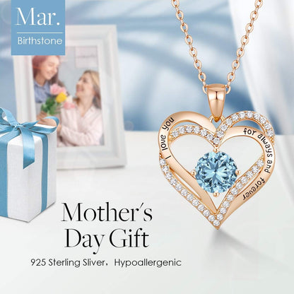 Forever Love Heart Necklaces for Women, Wedding Anniversary, Birthday Mothers Day Gifts for Mom, Mother, Wife, Girlfriend, S925 Silver Jewelry with Birthstone Pendant