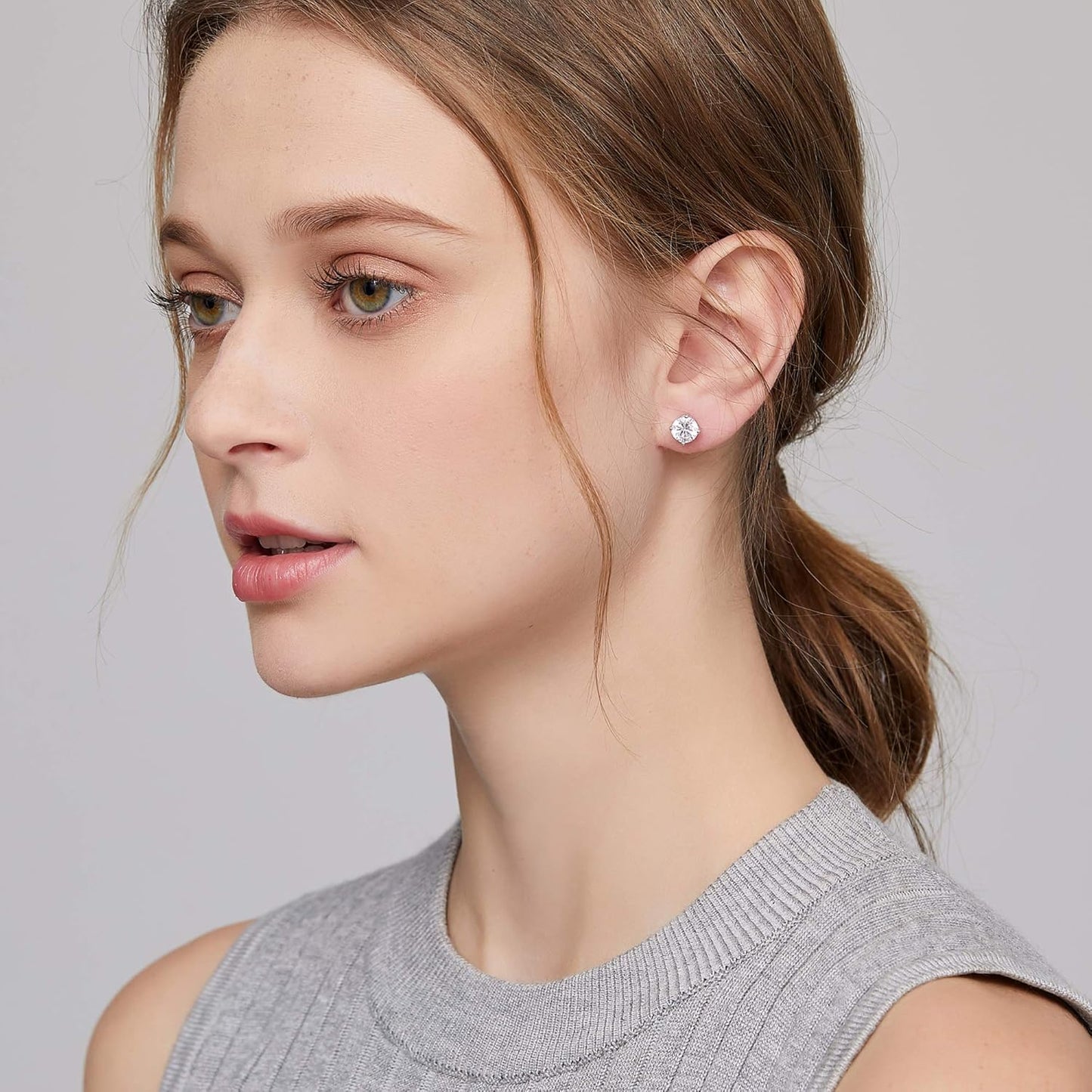 Men Stud Earrings, 18K White Gold Plated 4 Pong round CZ Earrings, 925 Sterling Silver Stud Earrings for Women/Men 3MM-8MM Available