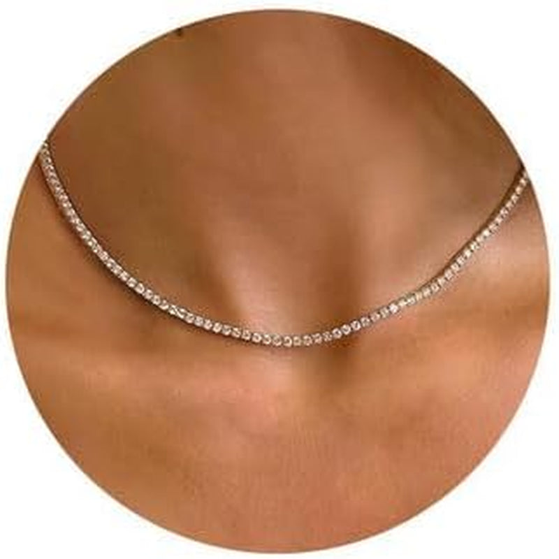 Tennis Necklace 14K Gold Plated/Silver Sparking Rhinestone Choker Necklaces Dainty Crystal Cubic Zirconia Bridal Wedding Jewelry for Women
