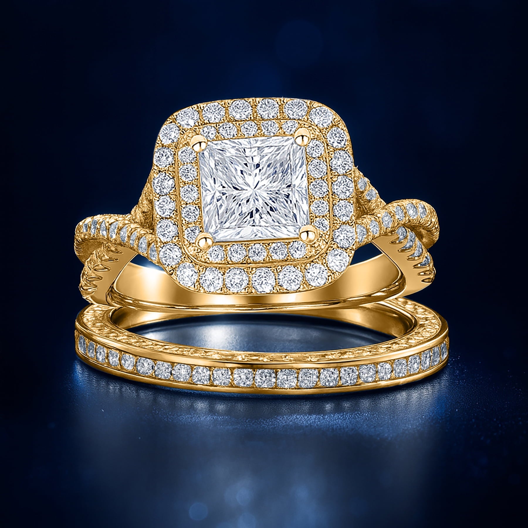 1.25 Ct - Square Moissanite - Double Halo - Twisted Band - Vintage Inspired - Pave - Wedding Ring Set in 18K Yellow Gold Plated for Women