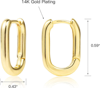 Small Gold Silver Rectangle Hoop Earrings 11Mm 14K Gold Plated U Shape Trendy Oval Hoop Earrings for Women Men