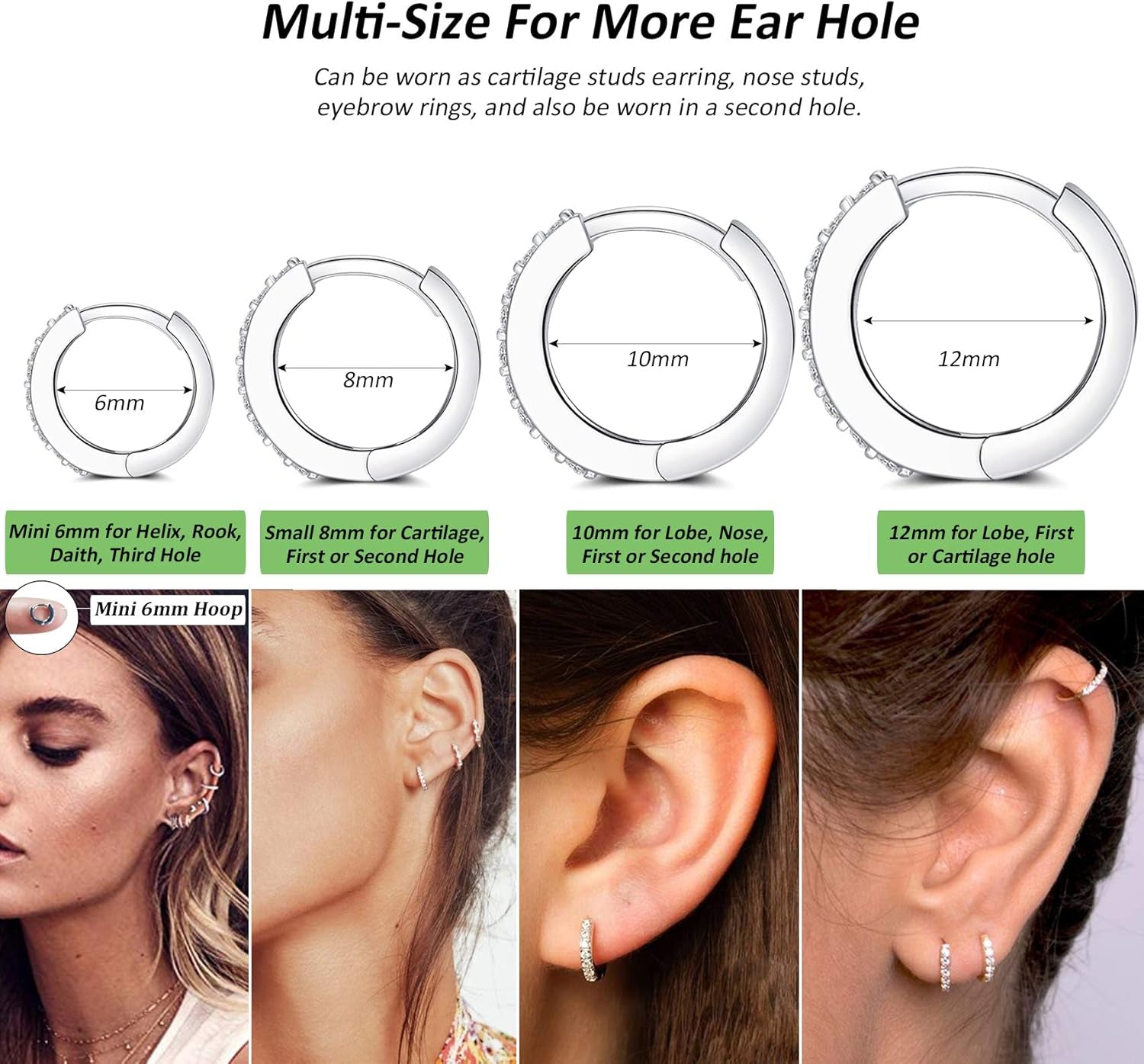 Silver Huggie Hoop Earrings for Women, 3 Pairs Tiny Hypoallergenic Sterling Silver Cartilage Hoops | 14K Gold Small Cubic Zirconia Cuff Earrings Mini Piercing Jewelry (6/8/10/12Mm)