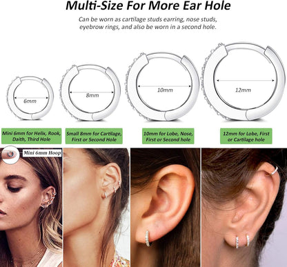 Silver Huggie Hoop Earrings for Women, 3 Pairs Tiny Hypoallergenic Sterling Silver Cartilage Hoops | 14K Gold Small Cubic Zirconia Cuff Earrings Mini Piercing Jewelry (6/8/10/12Mm)