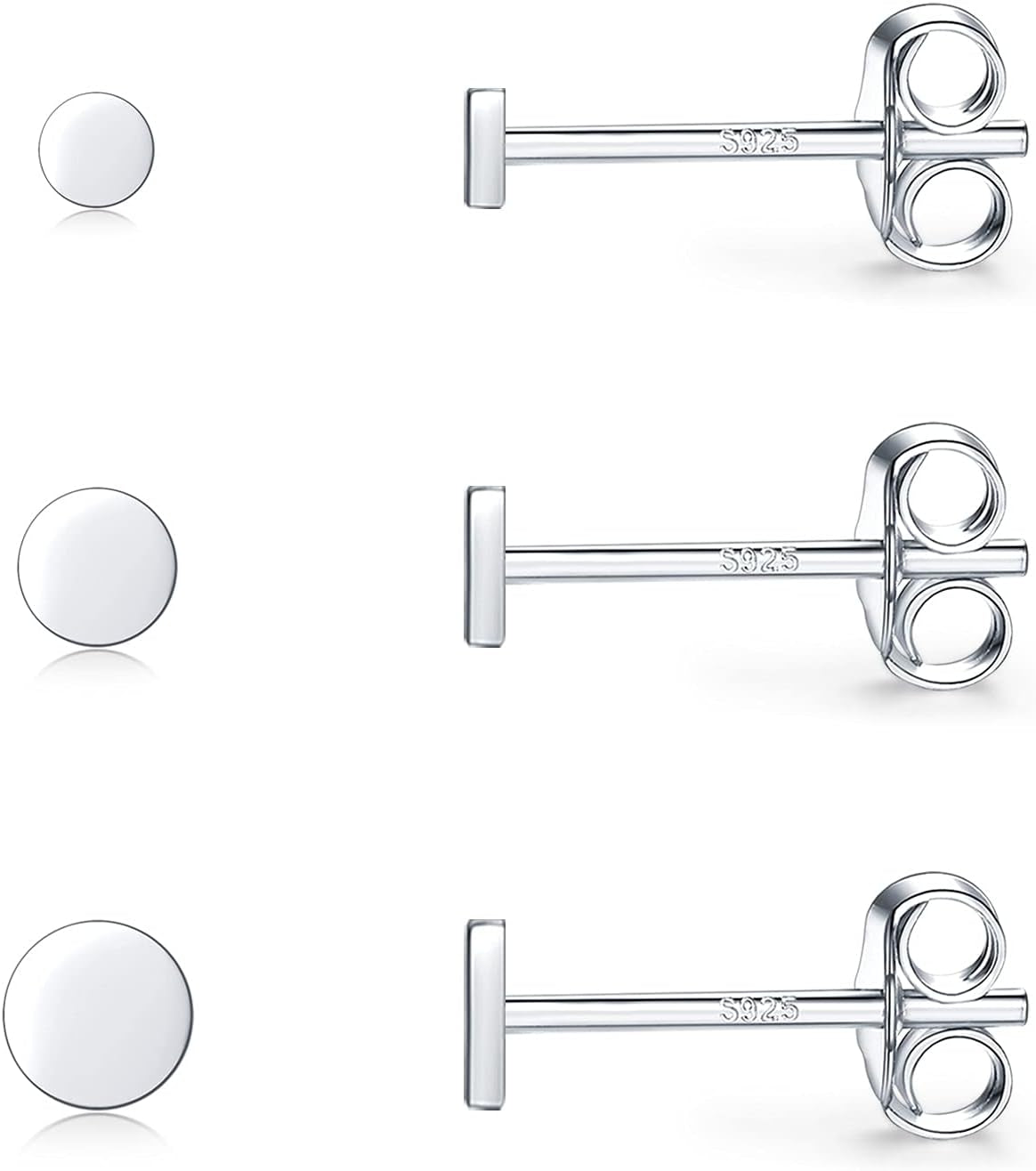 Sterling Silver Stud Earrings for Women, Tiny Flat Dot Earrings Set | Small Hypoallergenic Circle Stud Earrings | Dainty round Tragus Cartilage Studs for Men (2Mm/3Mm/4Mm)