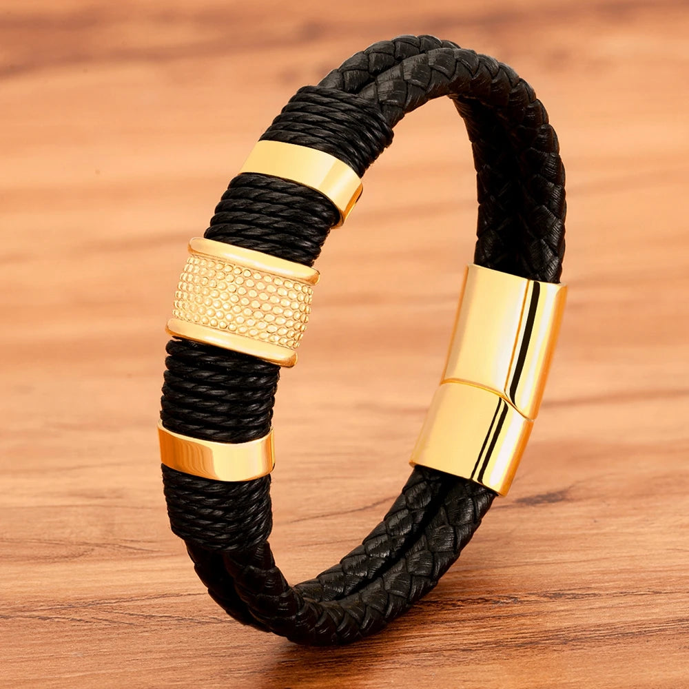 Braided Rope Wrap Leather Bracelets for Men Bangles Fashion Male Women Charm Stainless Steel Clasp Jewelry DIY Customization