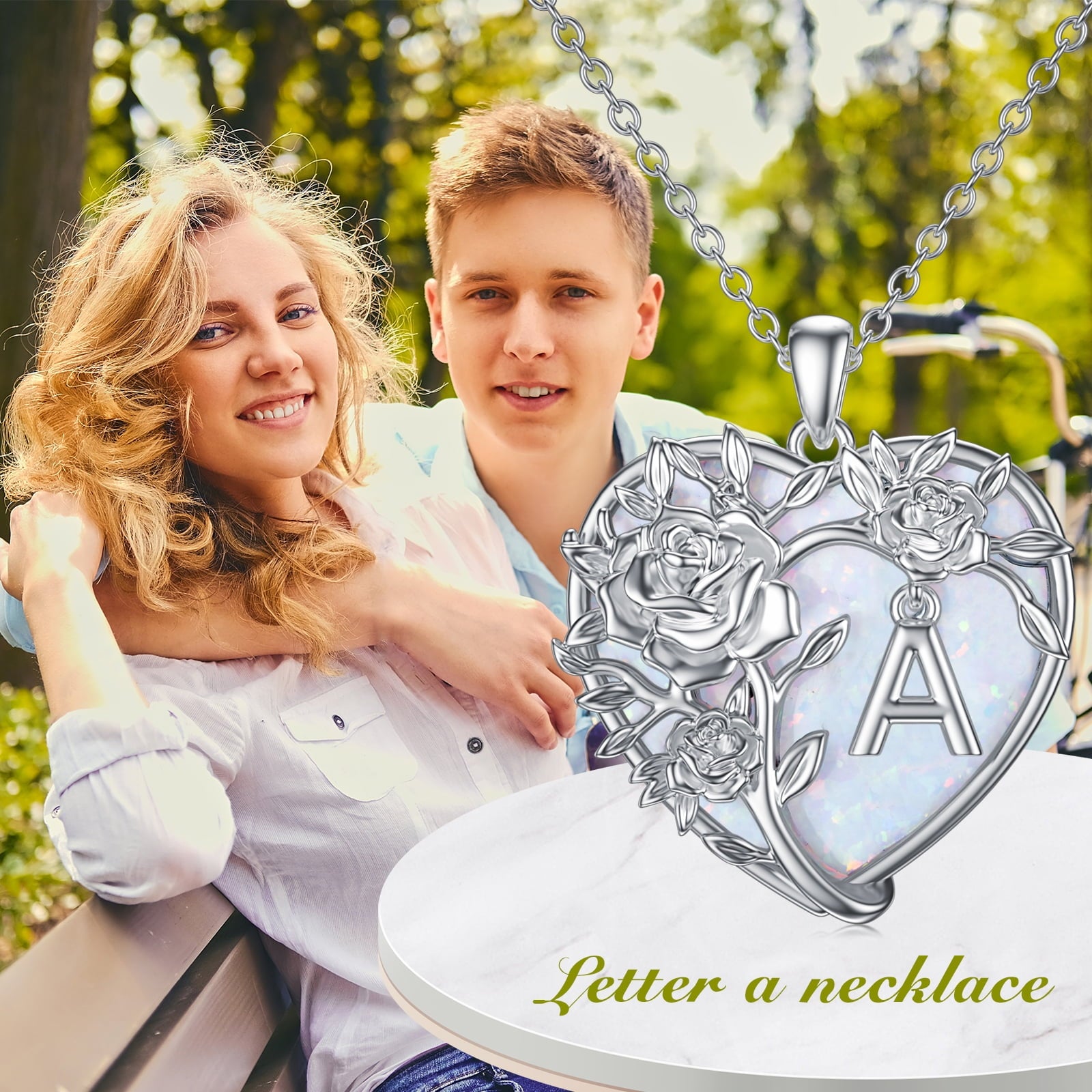 Anniversary Gifts for Women Sterling Silver Initial a Letter Pendant with Heart Opal Rose Necklaces Birthday Anniversary Jewelry Birthday Gifts
