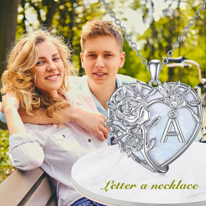 Anniversary Gifts for Women Sterling Silver Initial a Letter Pendant with Heart Opal Rose Necklaces Birthday Anniversary Jewelry Birthday Gifts
