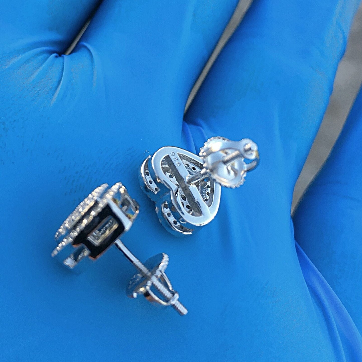Real Solid Sterling Silver Hearts Iced Women'S Earrings Heart Shaped CZ Screw Back 925 Stamp Micro Pave
