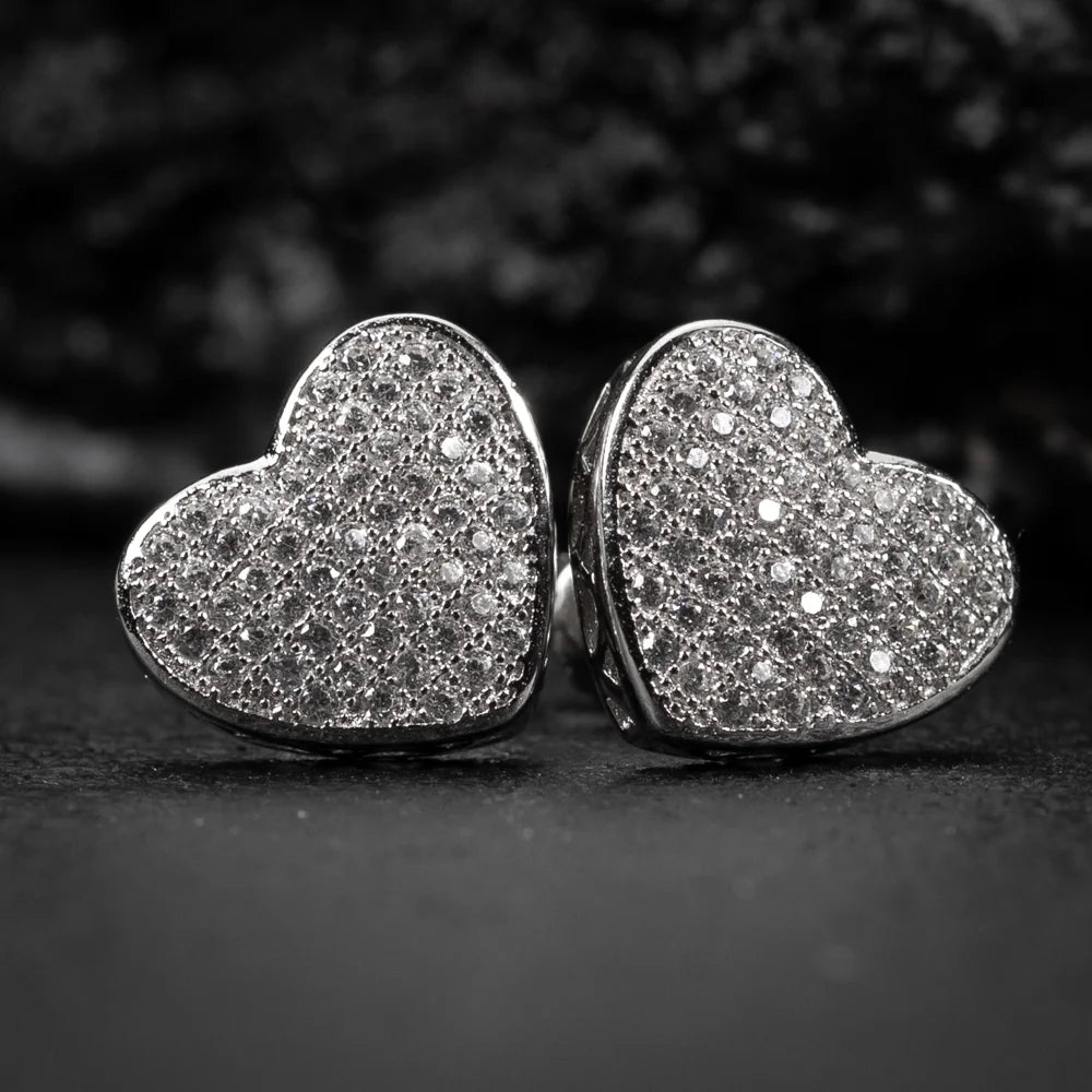 Large White Gold 925 Sterling Silver Micro Pave Women'S Cz Heart Stud Earrings