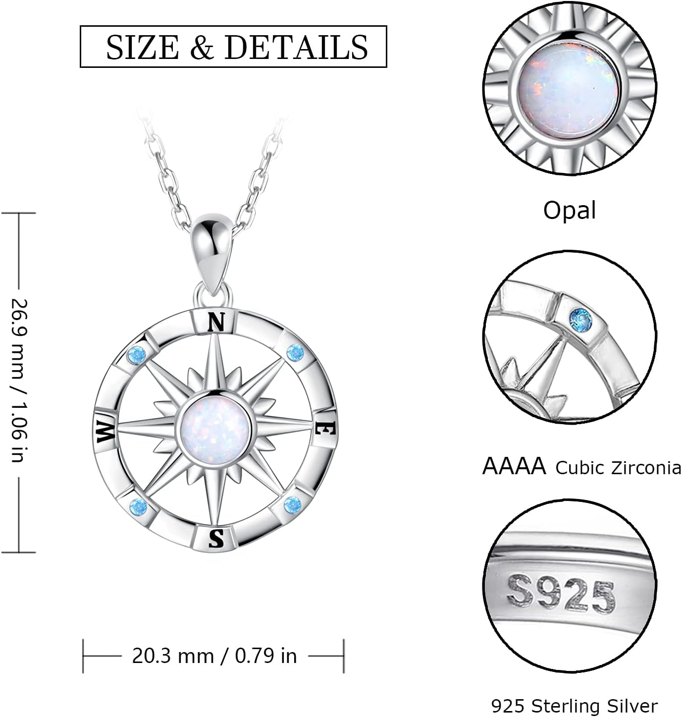 Sterling-Silver Opal Compass Necklace for Women - Inspirational Nautical Dream Compass Pendant，Created Opal Necklaces for Women Mother'S Day and Graduation Jewelry Gifts (Opal and CZ)