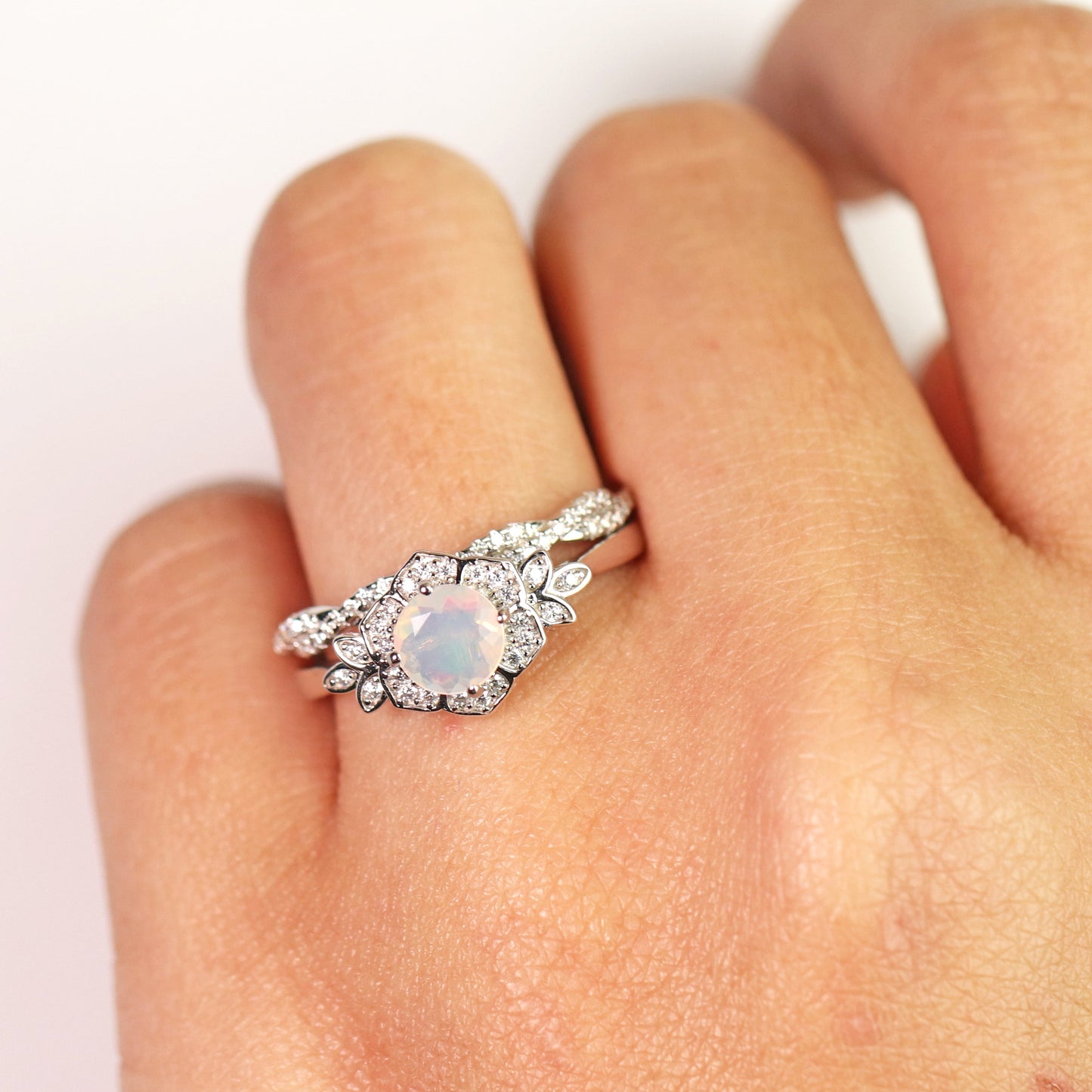 1.75 Ct Genuine round Blue Opal and Moissanite Bridal Ring Set in 18K White Gold over Silver