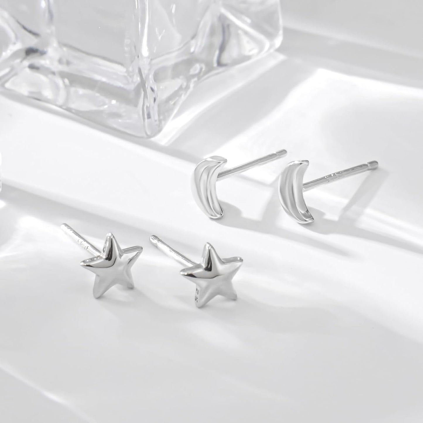 Solid Real 925 Sterling Silver Satr Moon Stud Earrings | Dainty Celestial Stud Earrings | Tiny Cartilage Earrings for Women