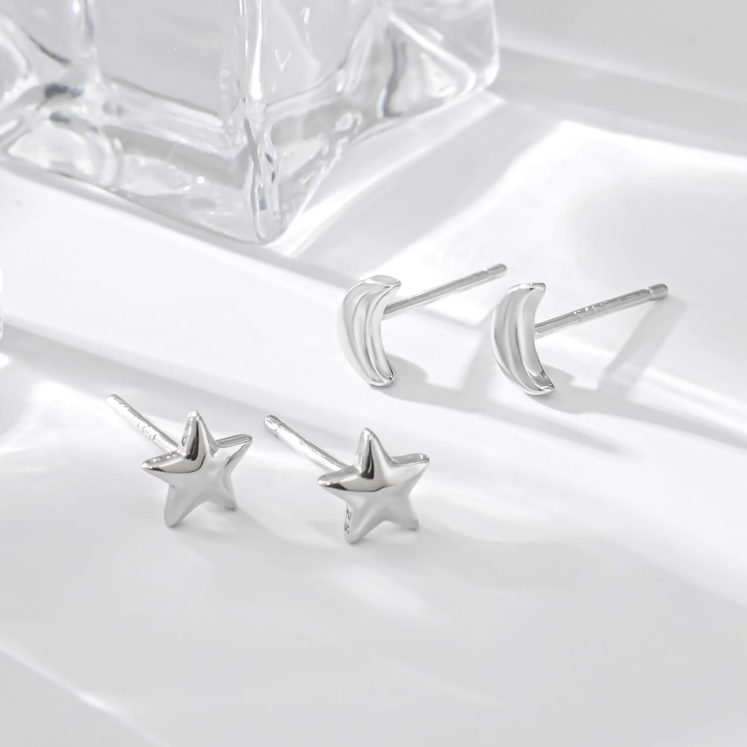 Solid Real 925 Sterling Silver Satr Moon Stud Earrings | Dainty Celestial Stud Earrings | Tiny Cartilage Earrings for Women