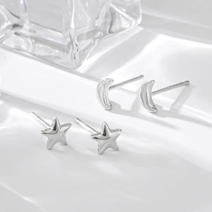 Solid Real 925 Sterling Silver Satr Moon Stud Earrings | Dainty Celestial Stud Earrings | Tiny Cartilage Earrings for Women