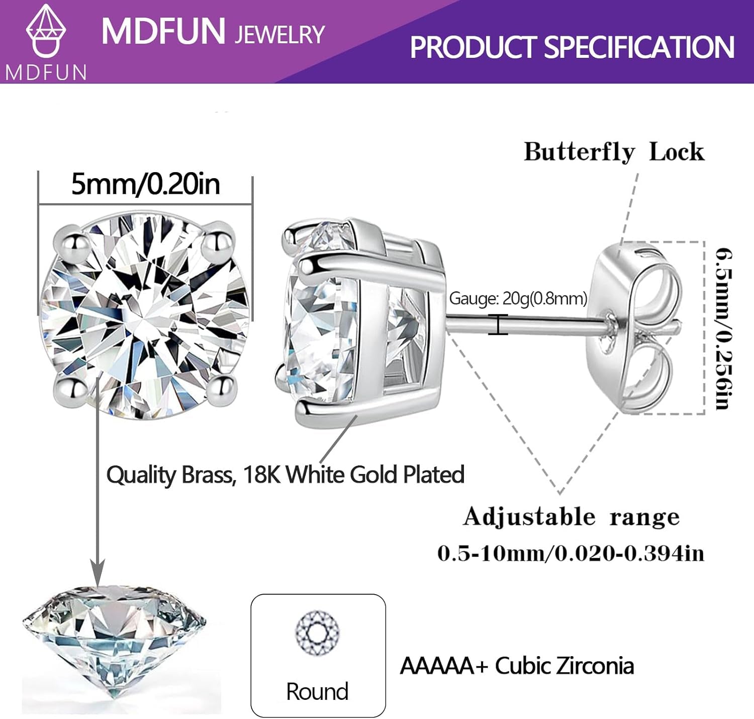 18K White/Yellow Gold Plated Stud Earrings for Women Men 4 Prong Graduated round Clear Cubic Zirconia Hypoallergenic Earrings Set 3-8Mm