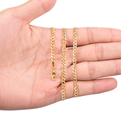 10K Real Yellow Gold Solid Cuban Curb Link 4Mm Diamond Cut Pave Chain Bracelet (7"-9") Two Tone Italian Jewelry for Men & Women
