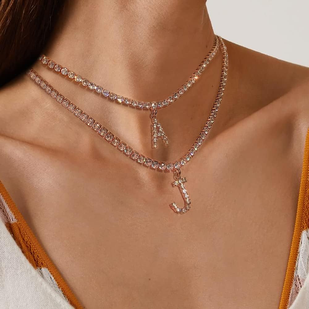 Letter Necklace 14K Gold Plated Tennis Chain Initial Choker Bling Iced CZ Diamond Necklace for Women