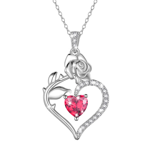 925 Sterling Silver Birthstone Necklace Rose Flower Heart Pendant Jewelry Christmas Valentines Mother'S Day Gifts for Women Mom Wife/Lover
