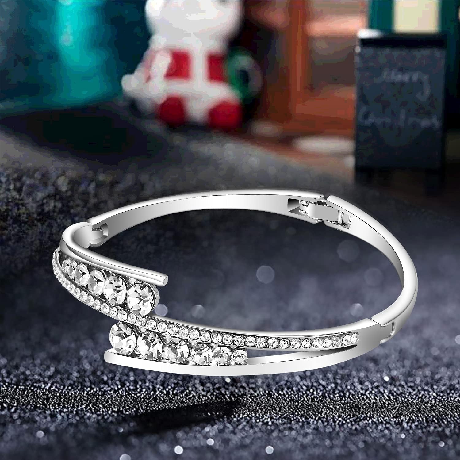 Love Encounter Crystals Bangle Bracelets for Women White Gold Plated Adjustable Hinged Jewelry
