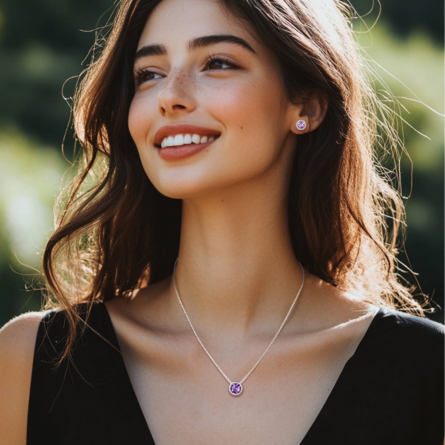 925 Sterling Silver Birthstone Stud Earrings round Synthetic Amethyst Diamond Studs Earrings Women Gift February
