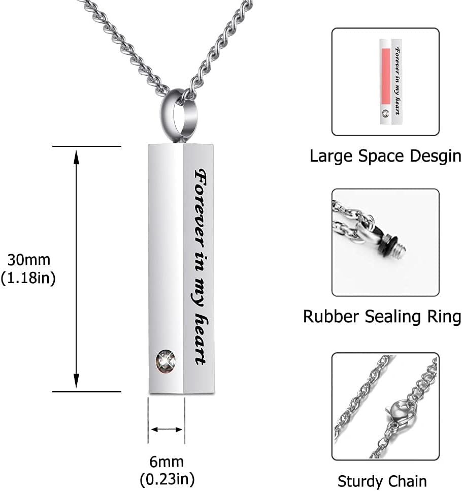 Crystal Black Cremation Jewelry for Ashes Silver Urn Necklace for Ashes, Birthstone Cube Urns Memorial Ashes Necklace Pendant Keepsake, Cremation Urn Jewelry Bar Locket with CZ