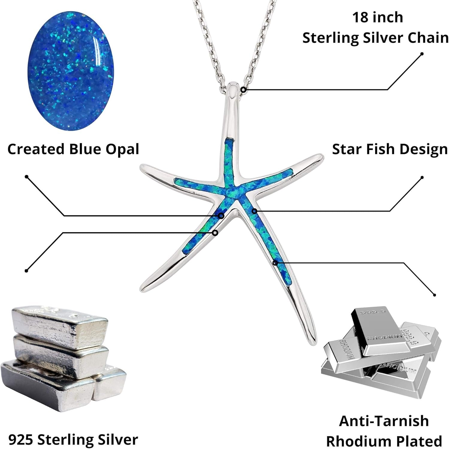 Sterling Silver, Gold Tone or Rose Tone Created Blue, White or Pink Opal Starfish 18" Pendant Necklace