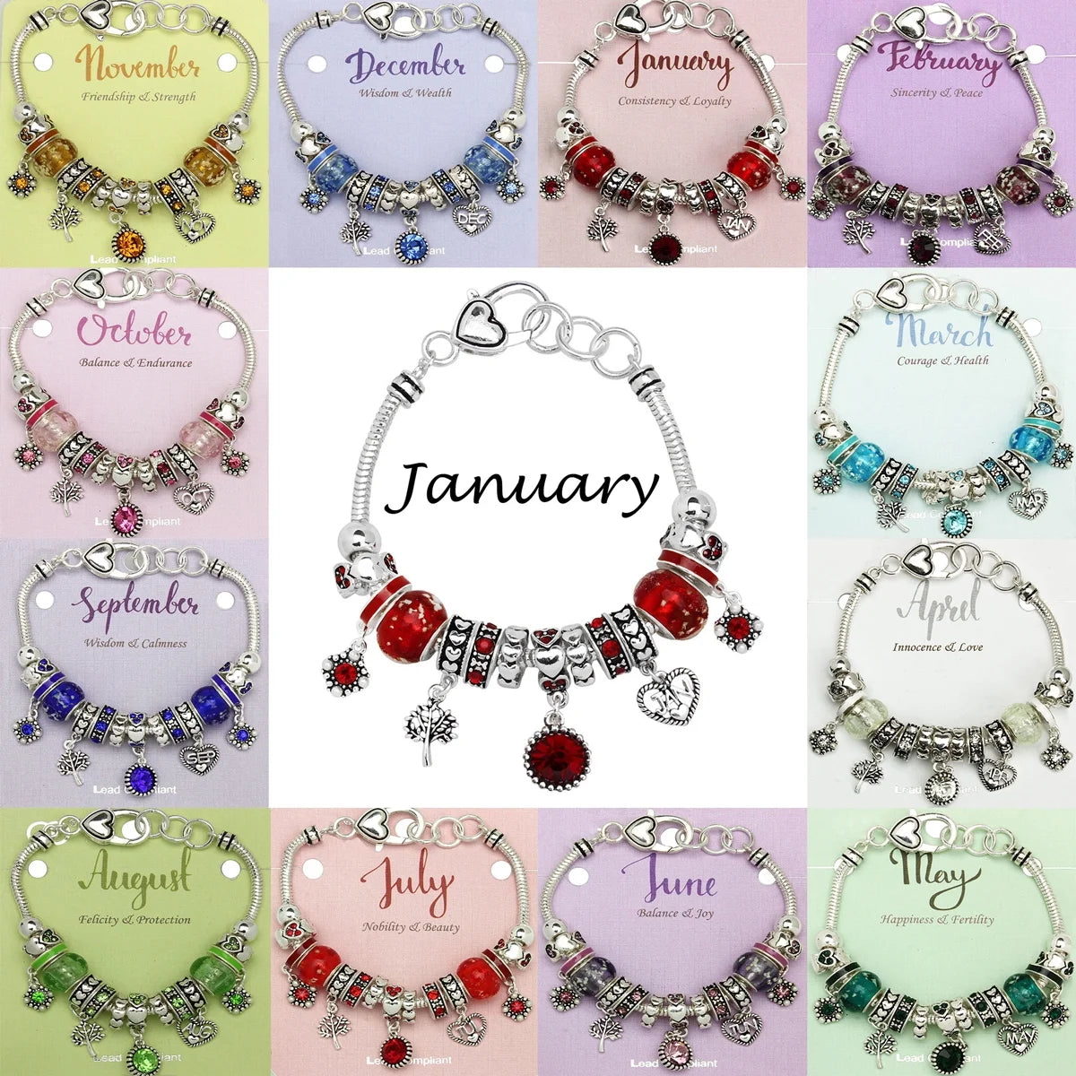 Birthstone Bracelet Dark Red, Garnet Birthstone Bracelet, Silvertone