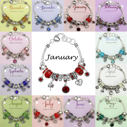Birthstone Bracelet Dark Red, Garnet Birthstone Bracelet, Silvertone