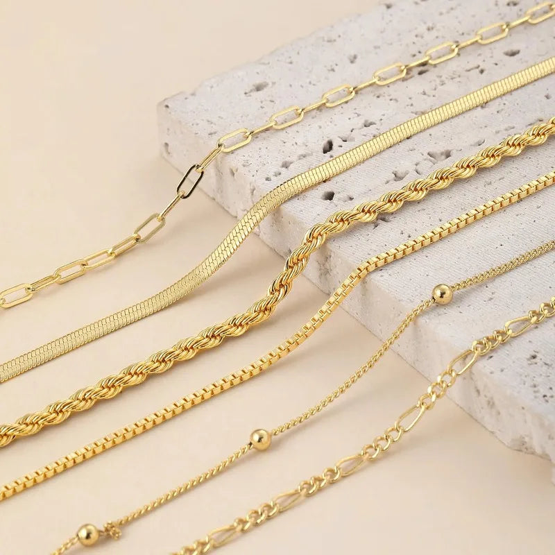 6PCS 14K Gold Plated Ankle Bracelets for Women, Stainless Steel Waterproof Herringbone Paperclip Bead Figaro Cuban Chain Anklets