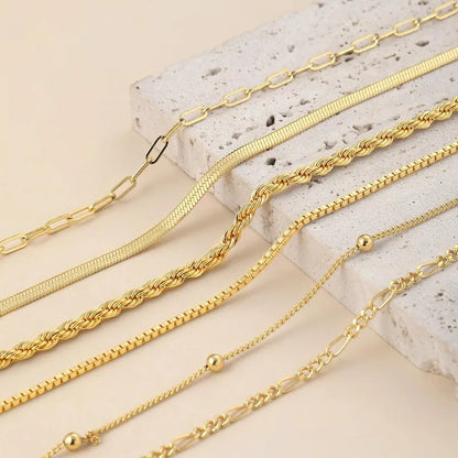 6PCS 14K Gold Plated Ankle Bracelets for Women, Stainless Steel Waterproof Herringbone Paperclip Bead Figaro Cuban Chain Anklets