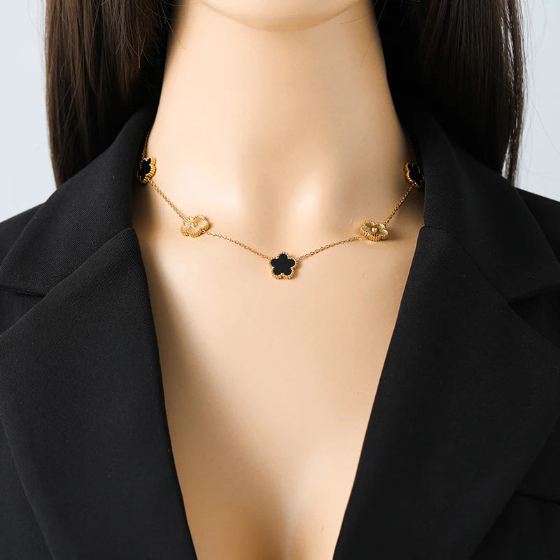 316L Stainless Steel Black Reversible Leaf Clover Necklace Bracelets Earrings Set for Women Fashion Waterproof Jewelry