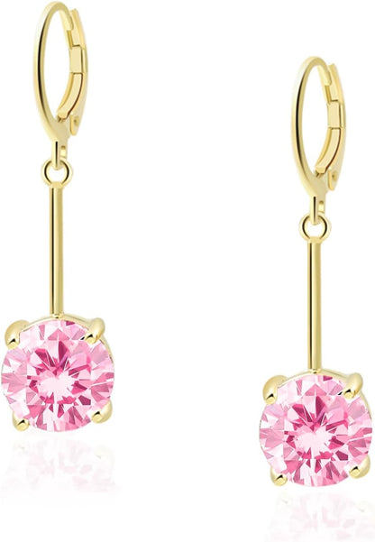 Pink Crystal Gemstone Drop Earrings with Cubic Zirconia– 18K Stamped