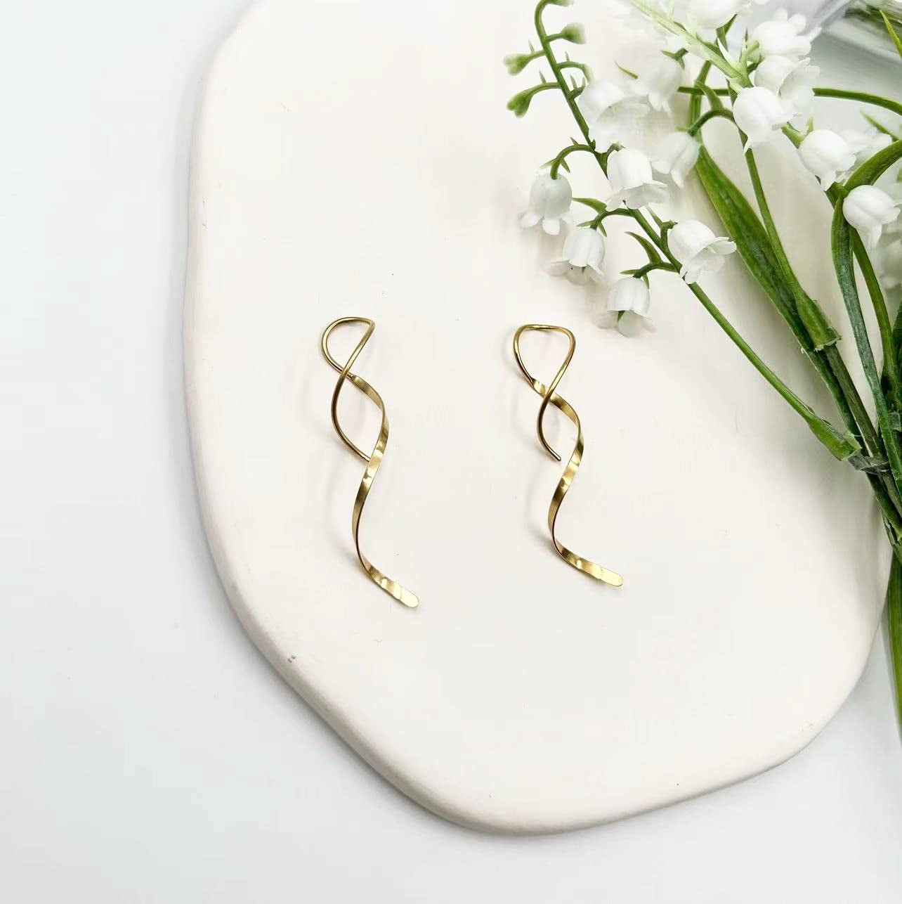 Spiral Threader Earrings for Women Handmade 14K Gold Plated Spiral Earrings Twis